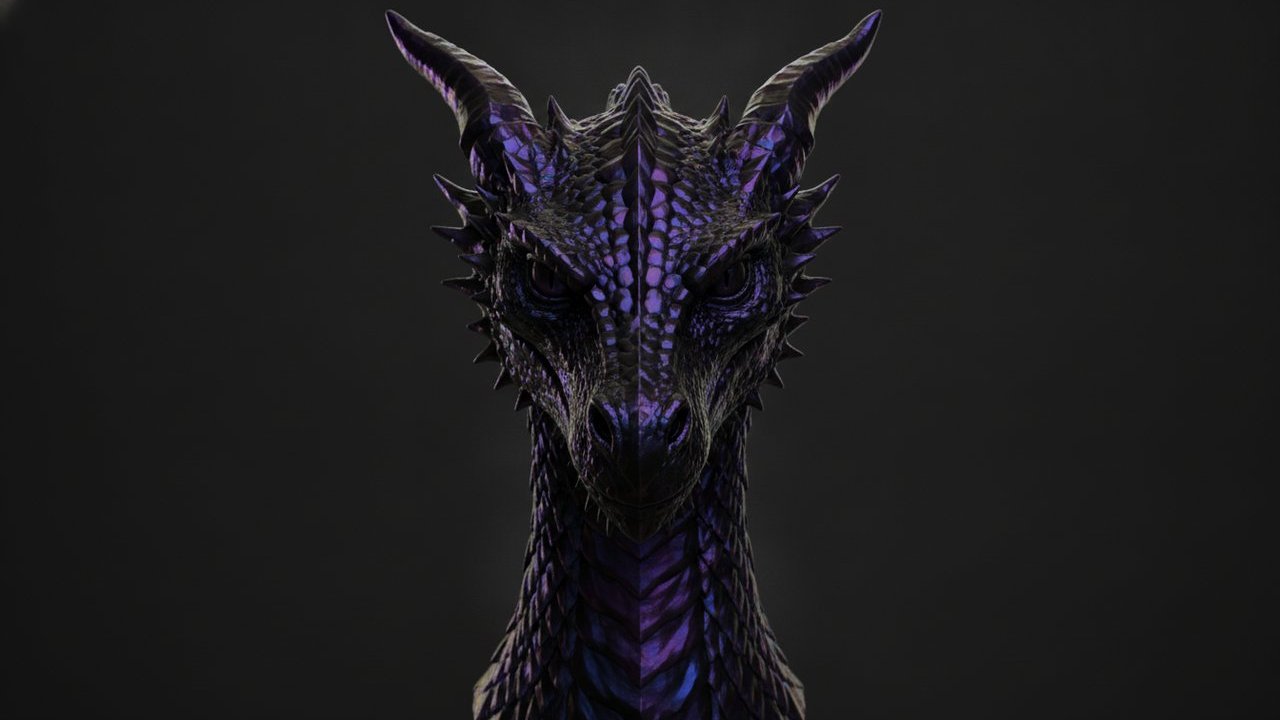 Final synthetisierter 3D-Drache mit Materialien aus Obsidianschuppen