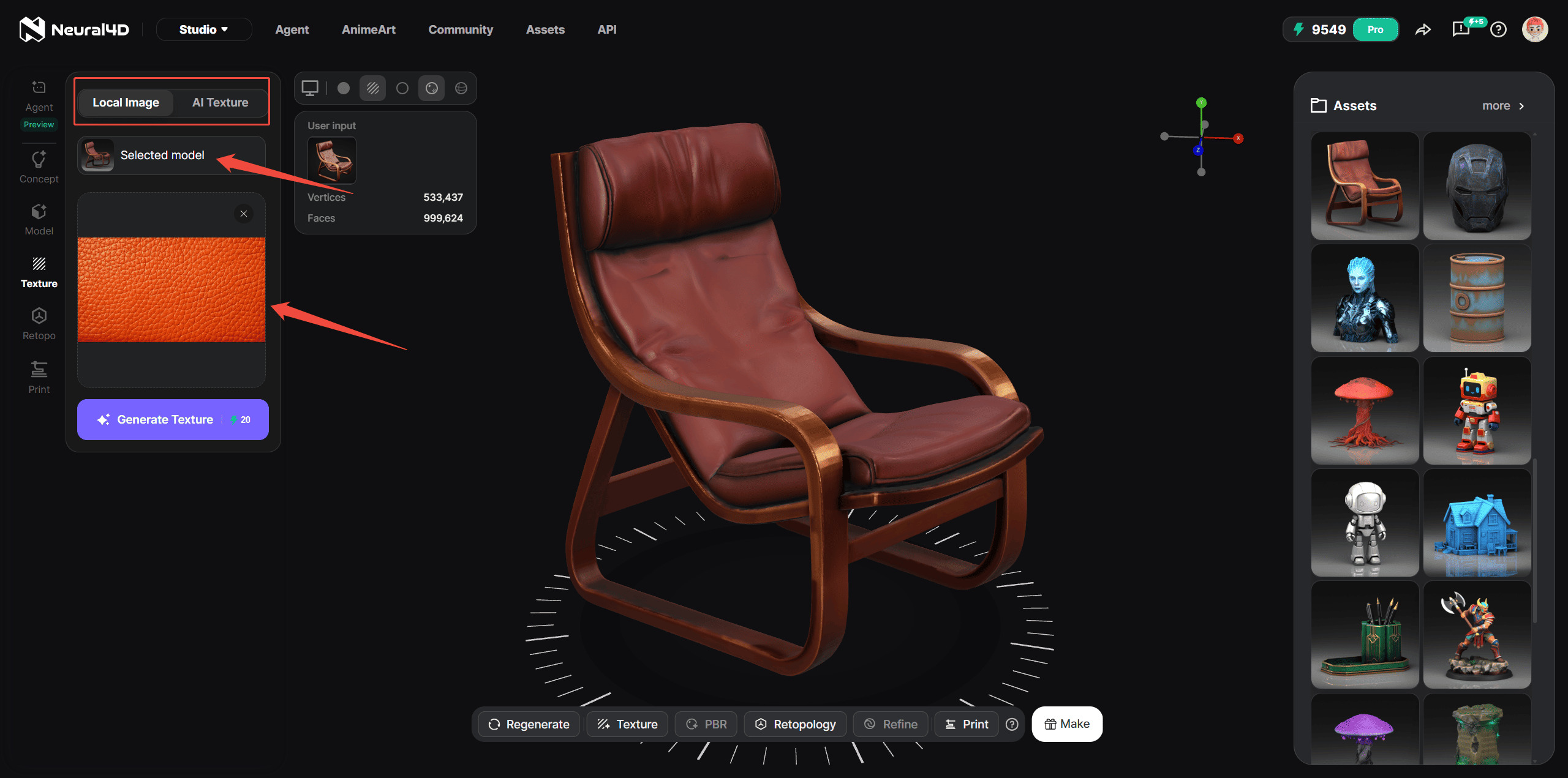 Auswahl eines 3D-Modells und Hochladen eines Referenzbilds in der AI-Texture-Oberfläche