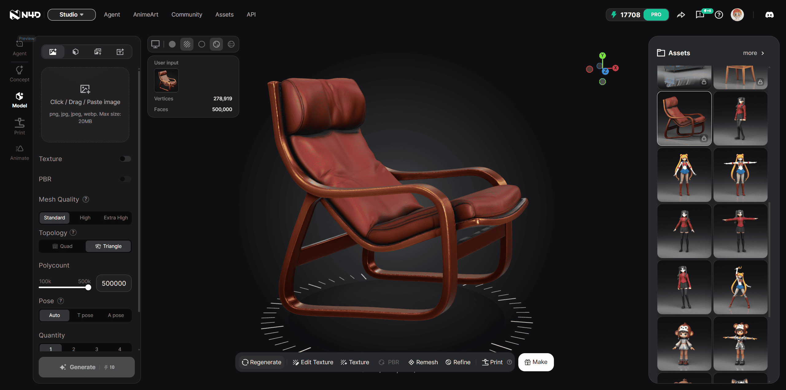Modelo abierto en Neural4D 3D Studio con Remesh en la barra inferior