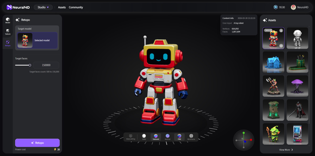 Usuario seleccionando un modelo 3D muy detallado desde una cuadrícula luminosa de biblioteca digital