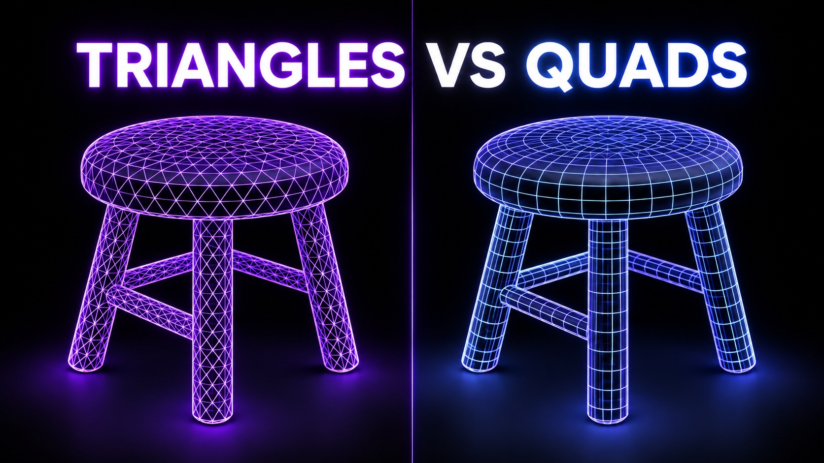 Comparativa de triángulos y quads en el alámbrico de un modelo 3D