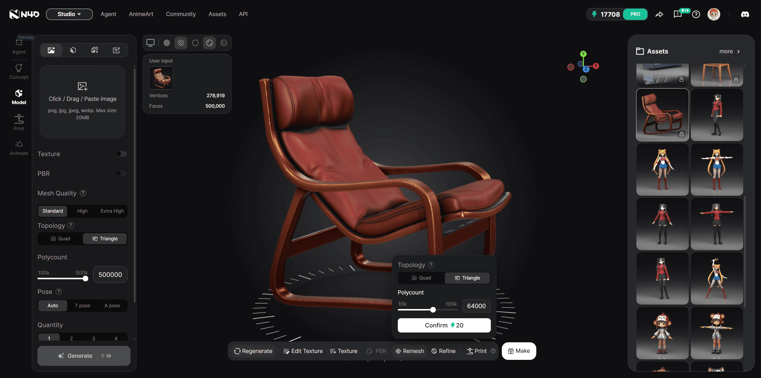 Painel do Remesh com configurações de topologia de saída e número desejado de faces no Neural4D Studio