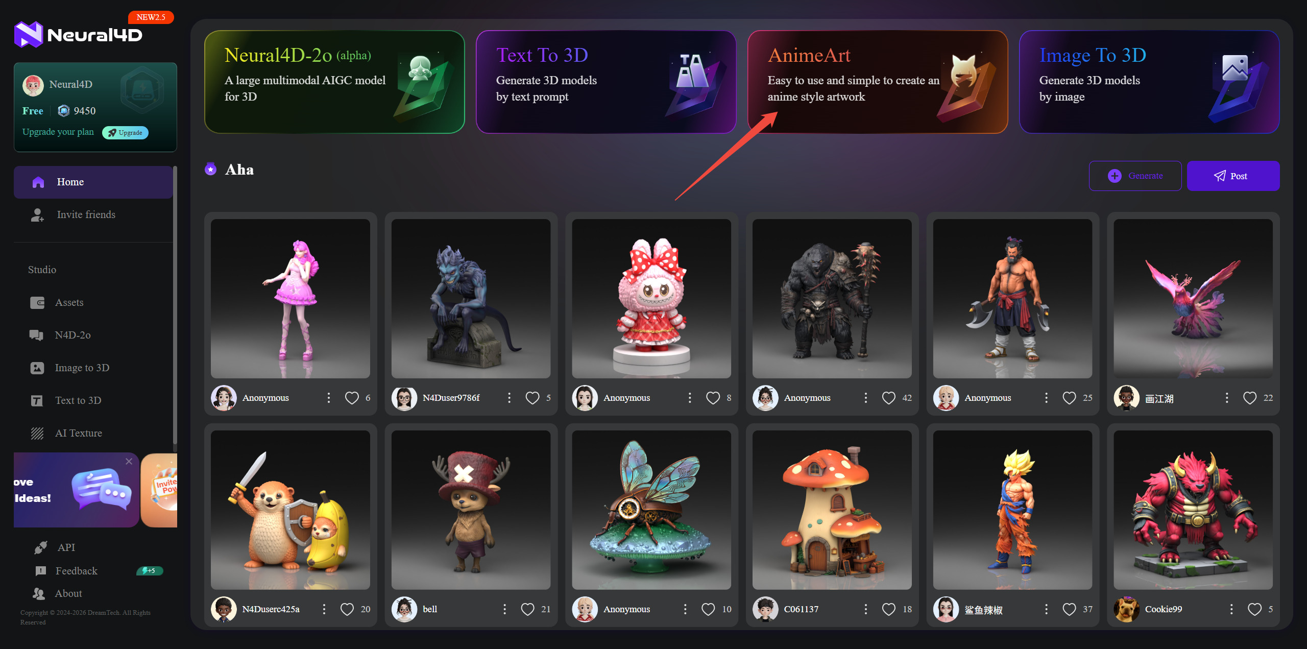Accessing the AnimeArt creator from the Neural4D Studio dashboard