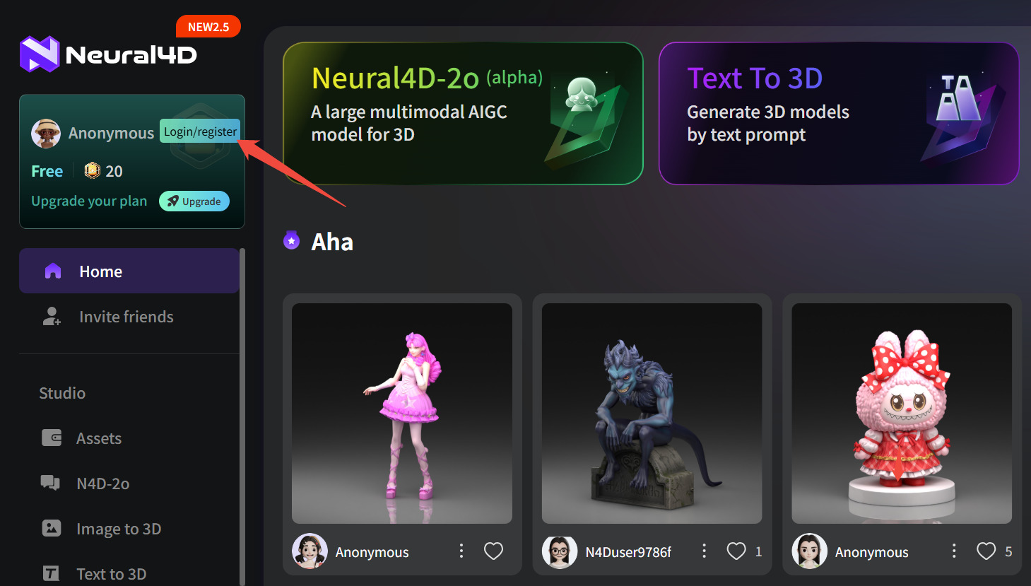 Neural4D Login and Free Credit Display