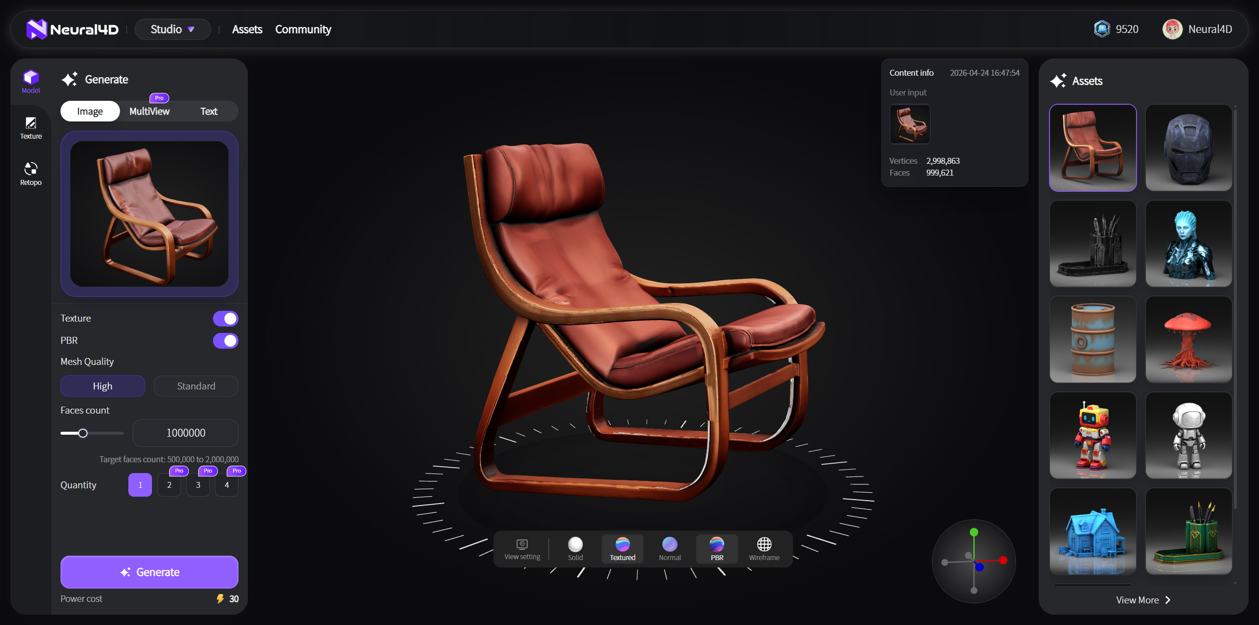 Neural4D Image to 3D interface showing a generated furniture model