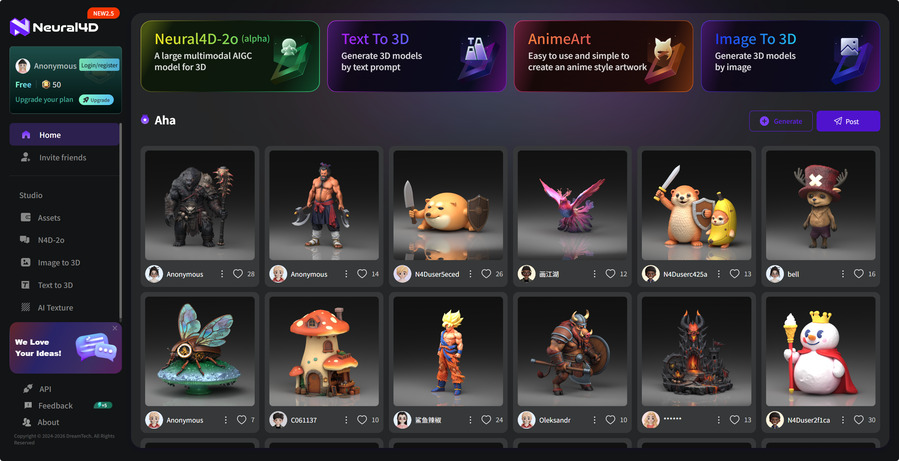 Neural4D Studio interface showing Text to 3D, Image to 3D, AI Texture and Neural4D-2o tools