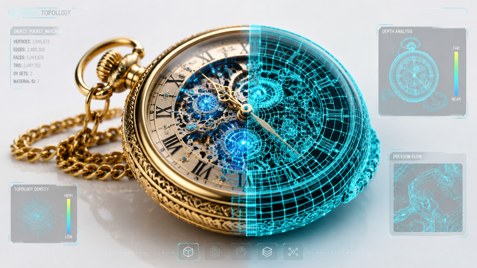 精巧な金色の懐中時計のワイヤーフレームトポロジーをAIが推論し、ネオンブルーのワイヤーフレームメッシュで2Dから3Dへ変換している様子