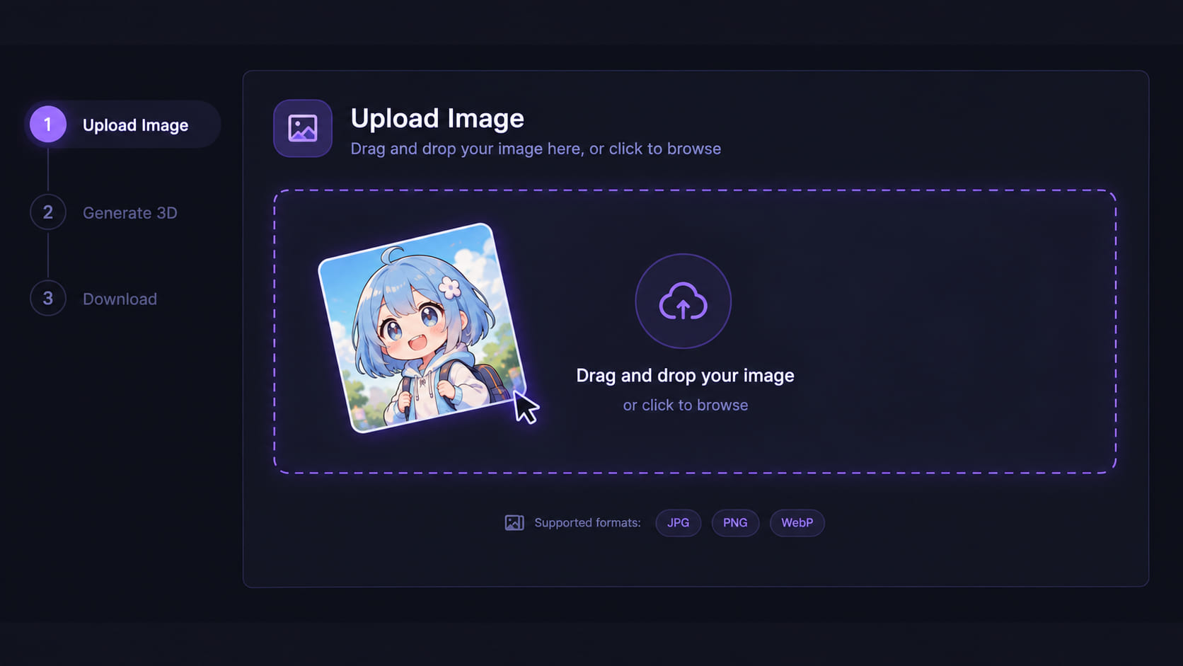 2D 만화 캐릭터 이미지를 이미지→3D 입력 영역에 끌어다 놓는 Neural4D 3D 스튜디오 업로드 패널