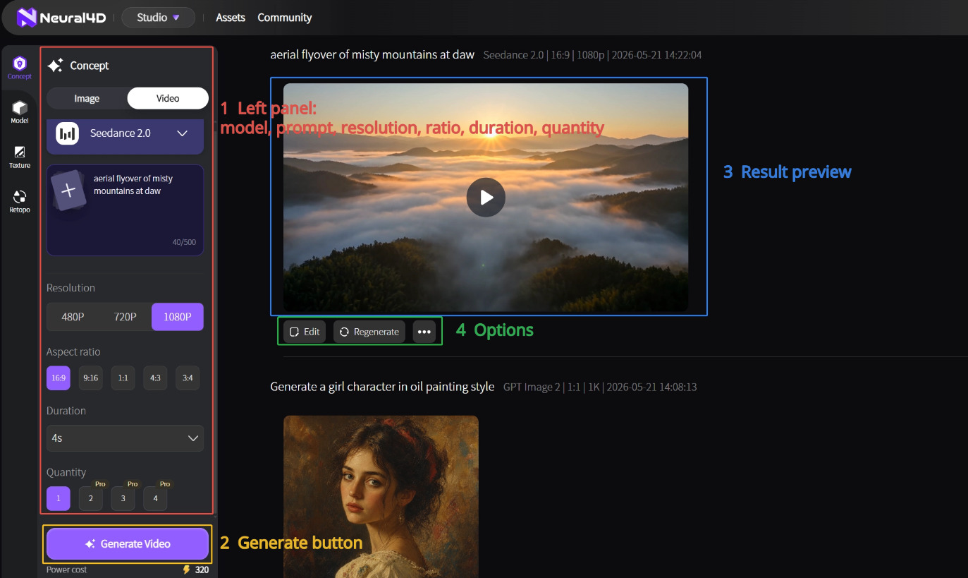 Neural4D Text to Video step-by-step generation workflow
