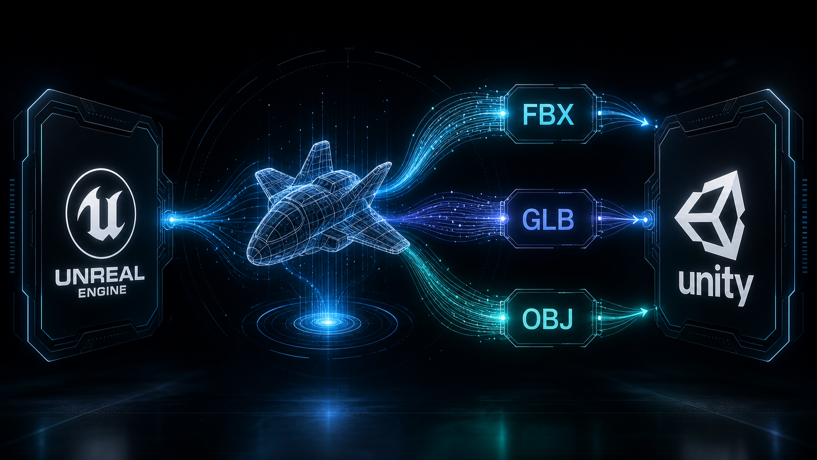 A futuristic 3D mesh splitting into FBX, GLB, and OBJ data streams flowing into game engine logos