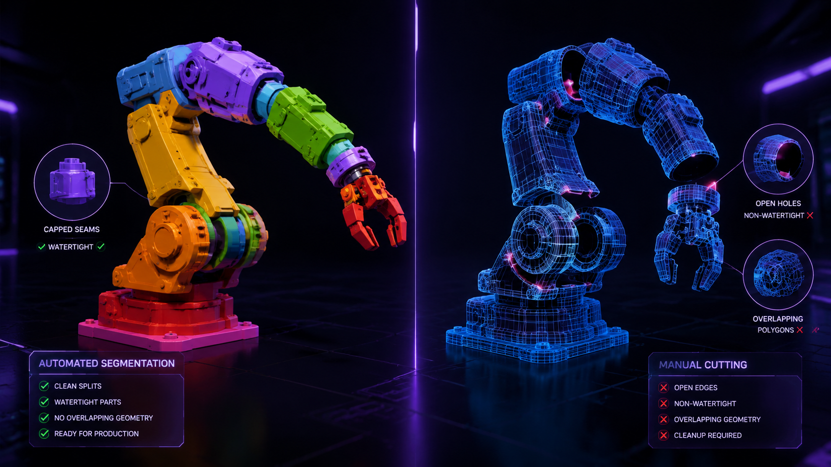 Comparison between AI semantic model segmentation and traditional manual mesh cutting