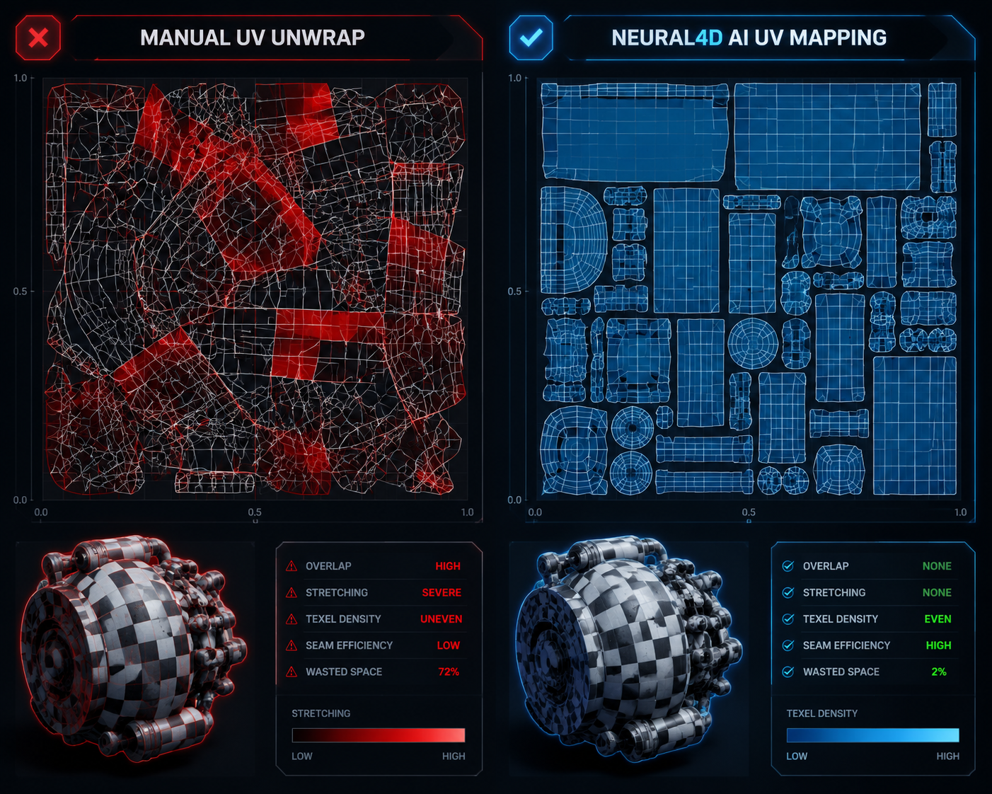 Comparison between AI UV mapping and manual unwrapping