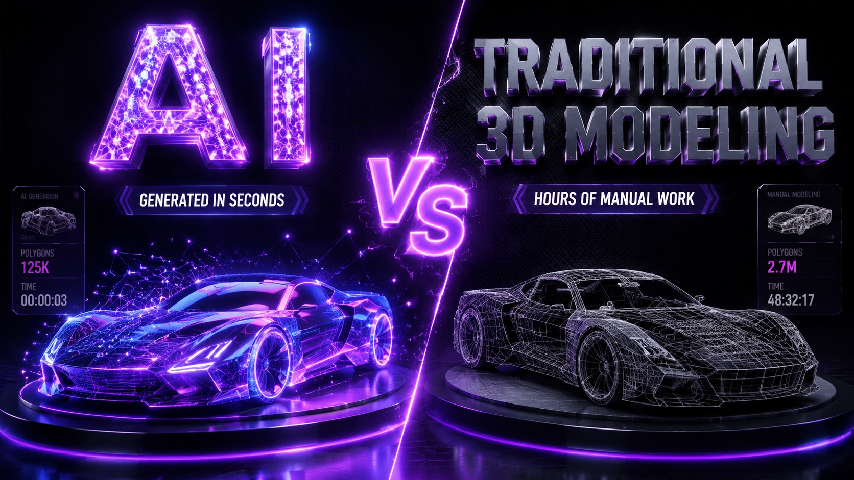 A glowing futuristic AI 3D mesh compared to a manual wireframe, representing the synergy between AI and traditional modeling