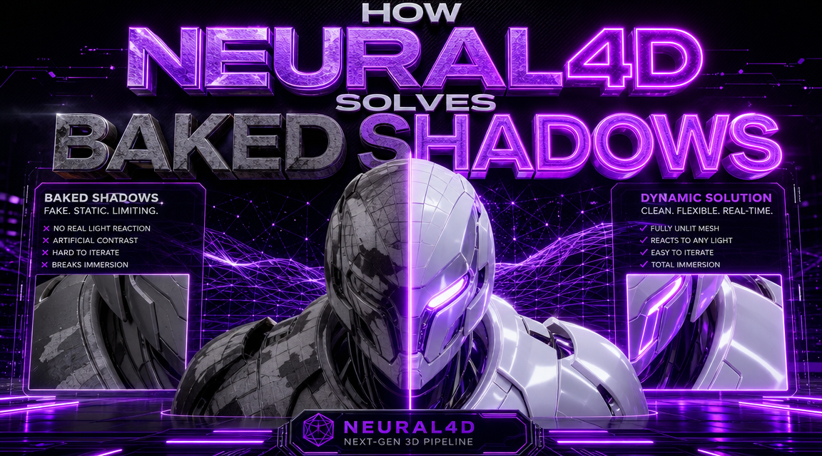 Conceptual comparison of a 3D model with baked painted shadows versus an unlit mesh dynamically reacting to a glowing environment
