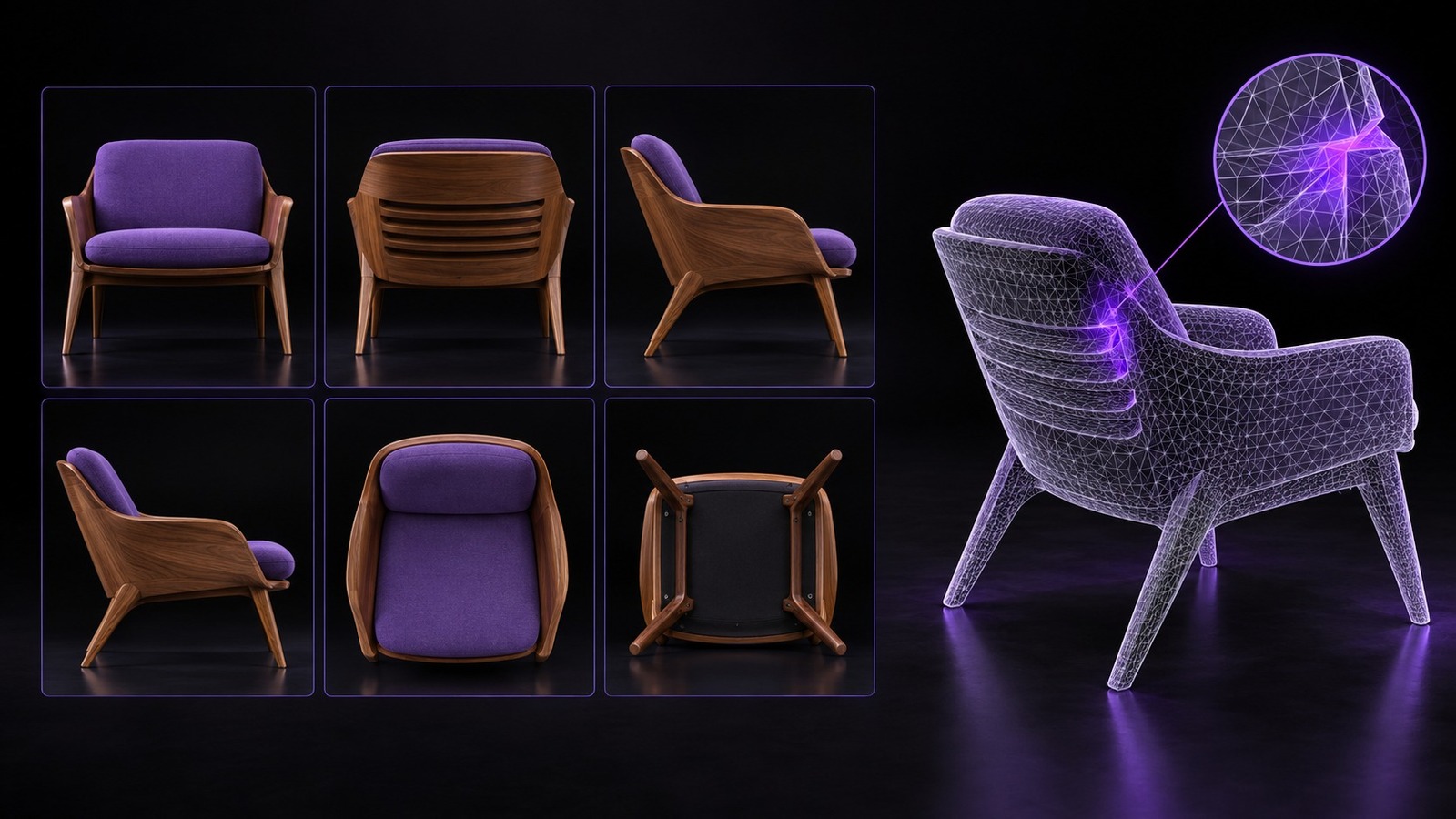 A multi-view chair reference set with one mismatched rear view and the resulting geometry conflict