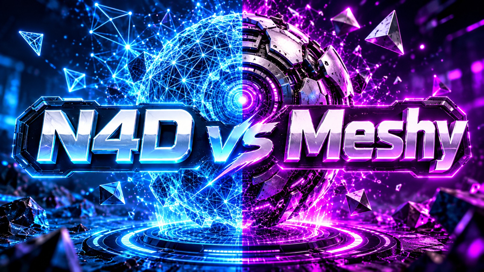 N4D vs Meshy comparison cover with blue and purple 3D artwork