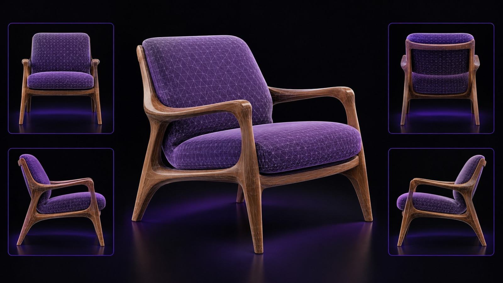 Corrected chair model shown from several angles for geometry verification