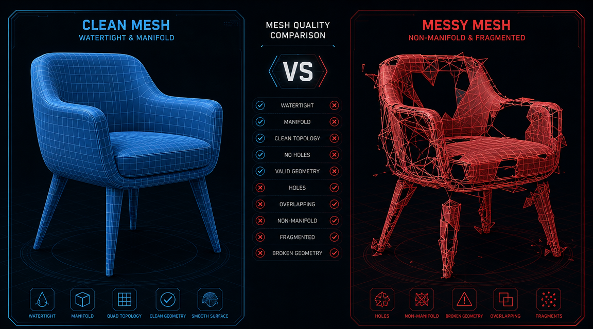 Comparison between clean watertight AI volumetric mesh and fragmented photogrammetry scan