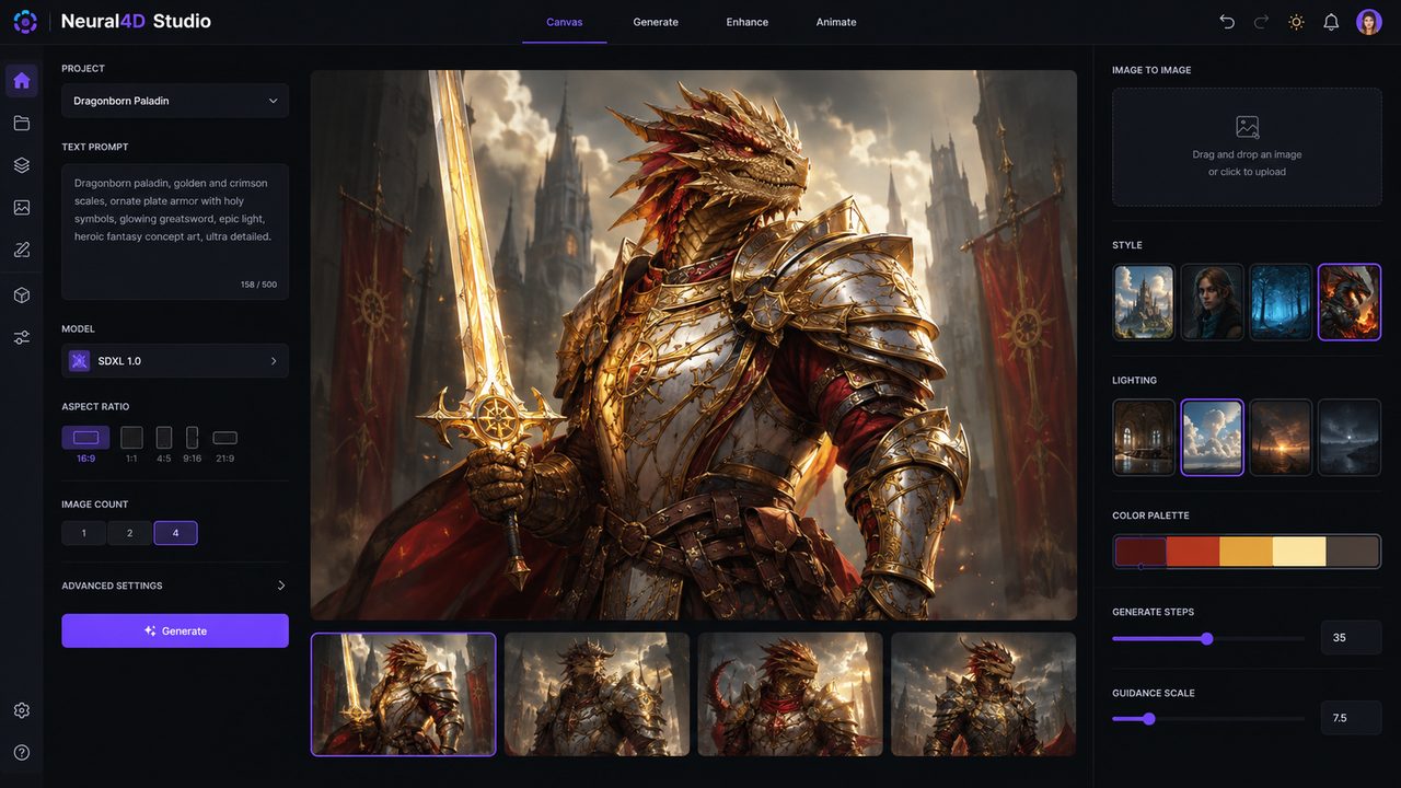 Entering text commands and uploading reference art for DnD character generation in Neural4D Studio