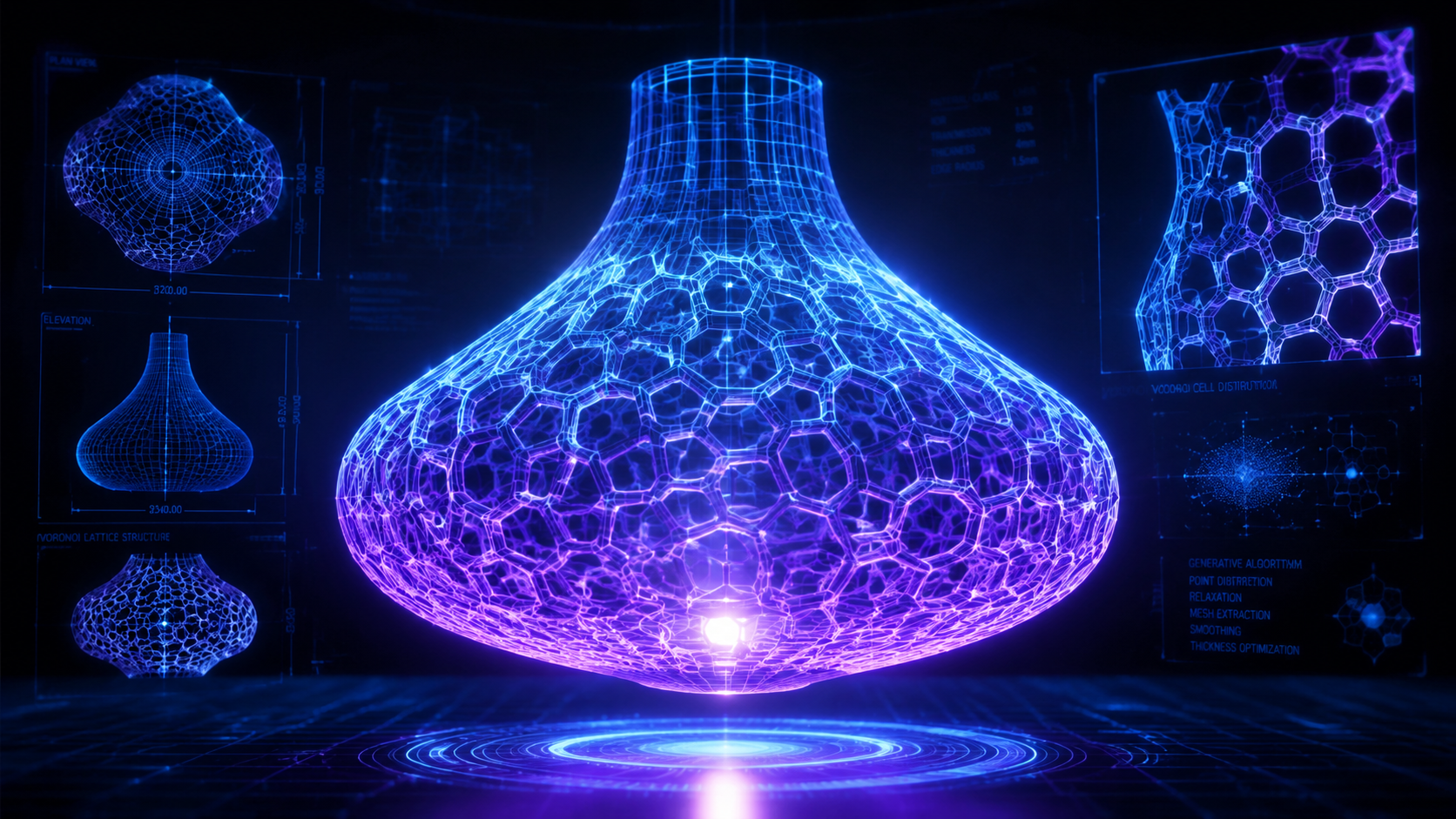 Holographic wireframe outline of a Voronoi lampshade generated by the free AI 3D model generator