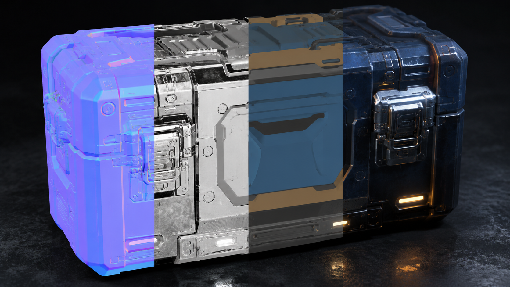 Close up of a 3D crate showing distinct PBR material passes like normal and metallic maps