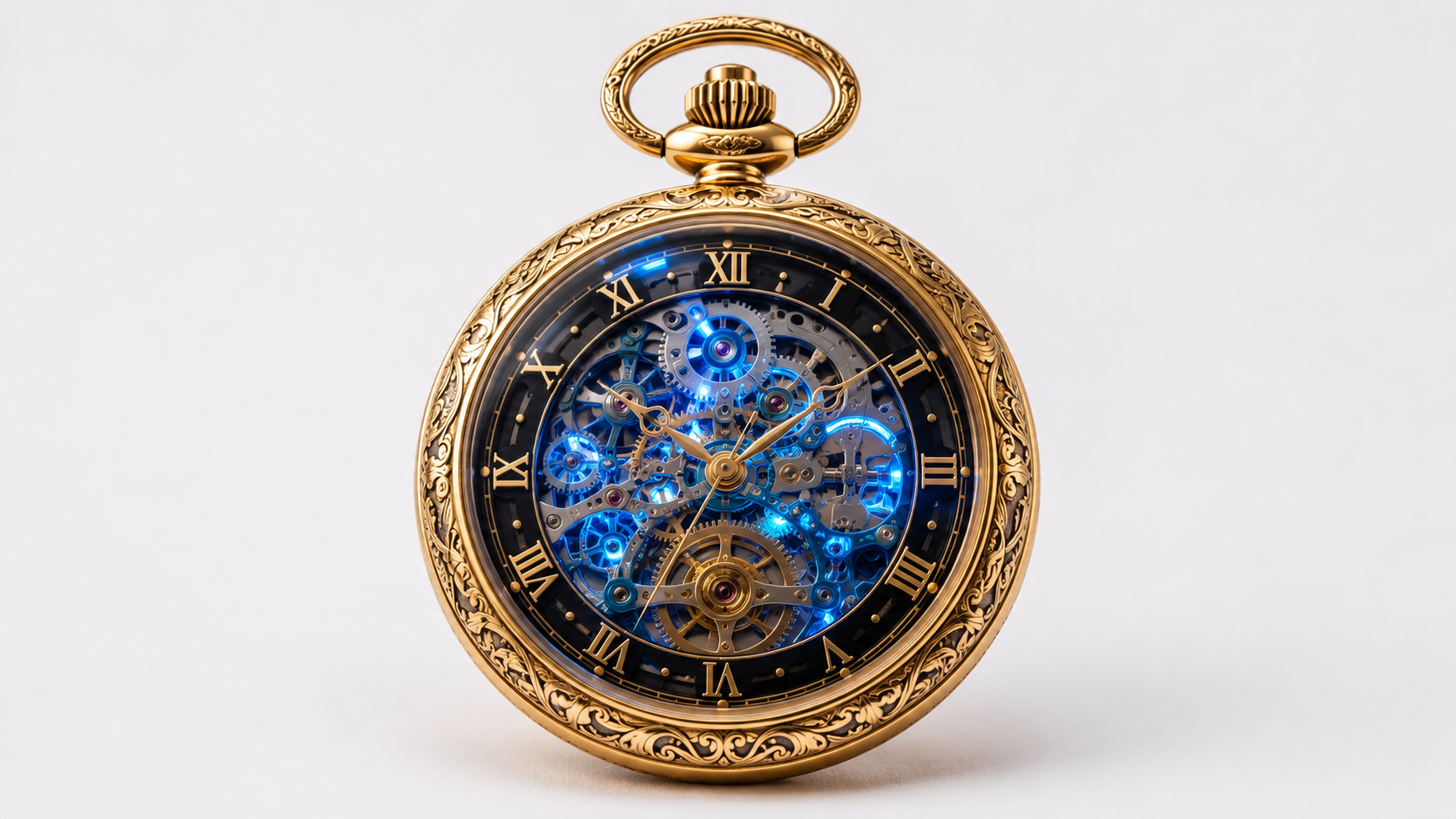 A 2D digital photograph of a highly detailed intricate golden pocket watch with exposed glowing blue mechanical gears, flat image
