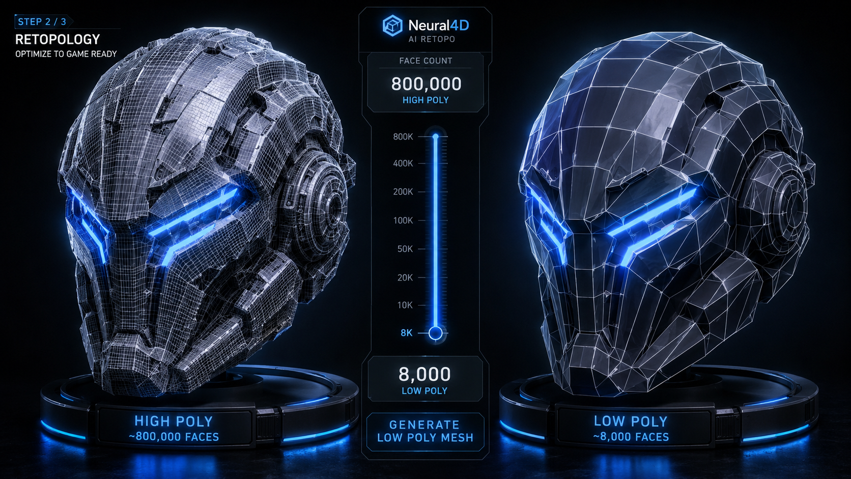 Step 2: Utilize the AI Retopo engine to specify a target face count between 500 and 150000