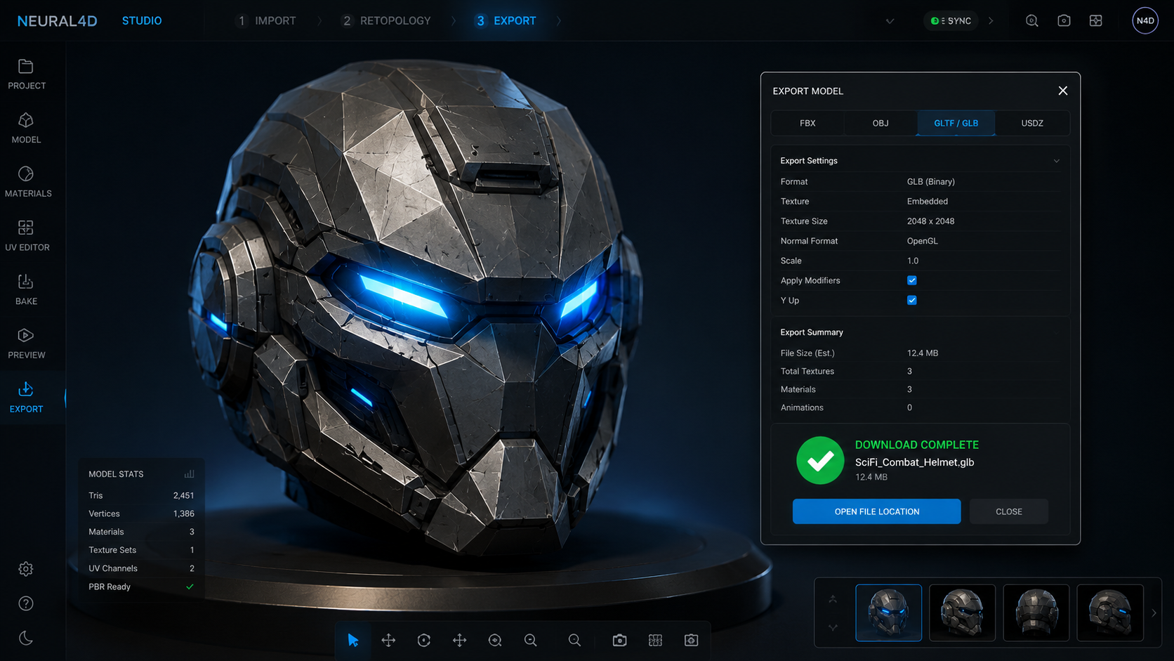 Step 3: Download the finalized decimated Low Poly 3D model in GLB or OBJ format