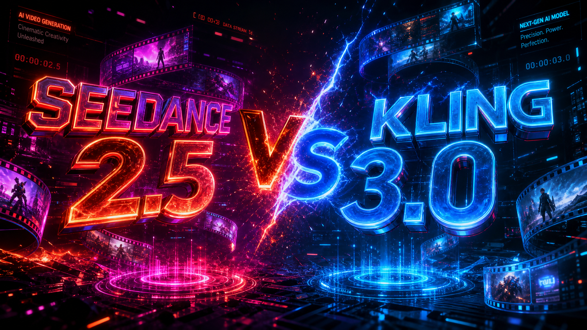 Seedance 2.5 vs Kling 3.0 comparison exploding with neon colors and cinematic data streams