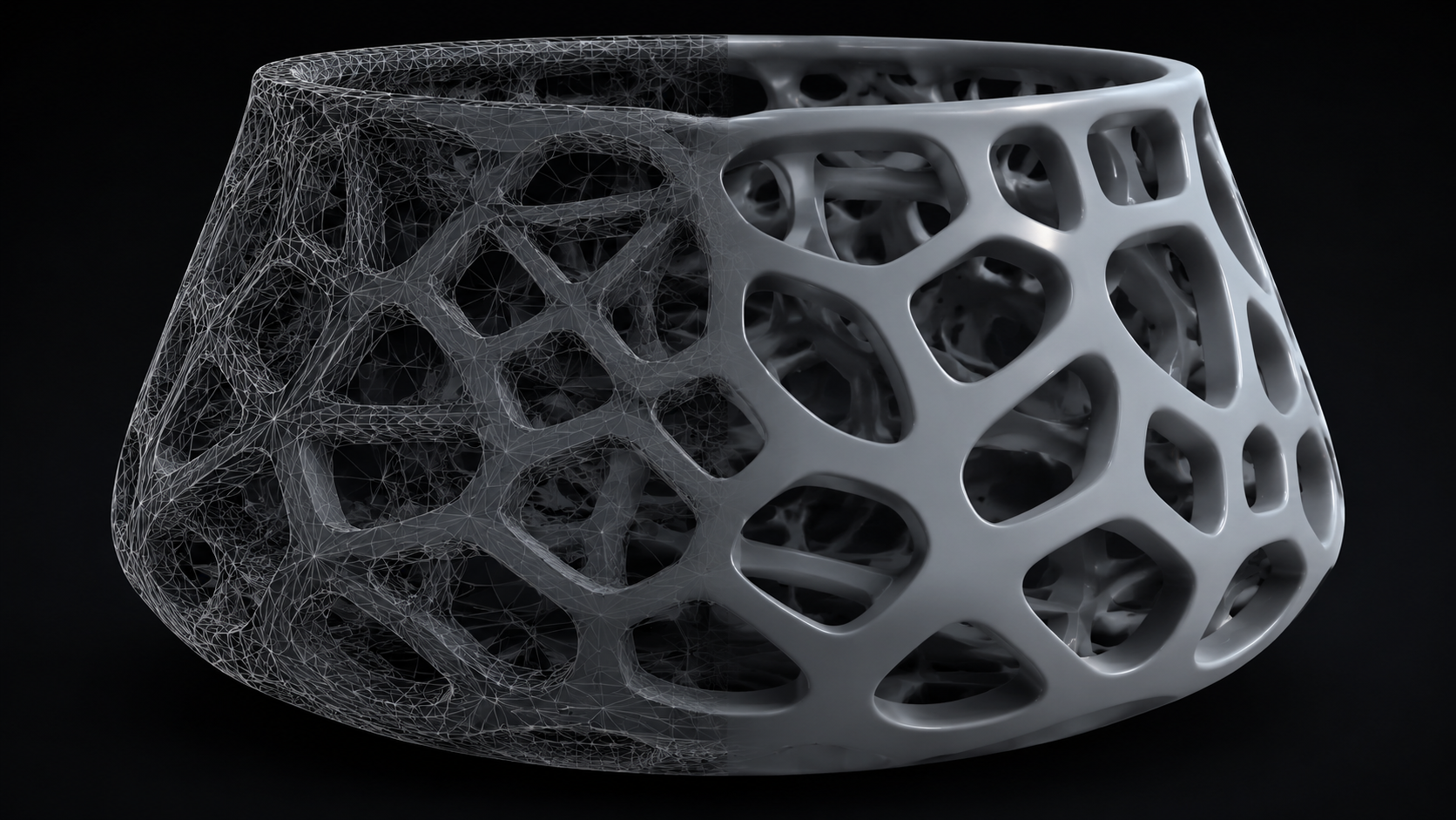 Close-up of a parametric Voronoi lampshade showing watertight wireframe topology transitioning to solid STL