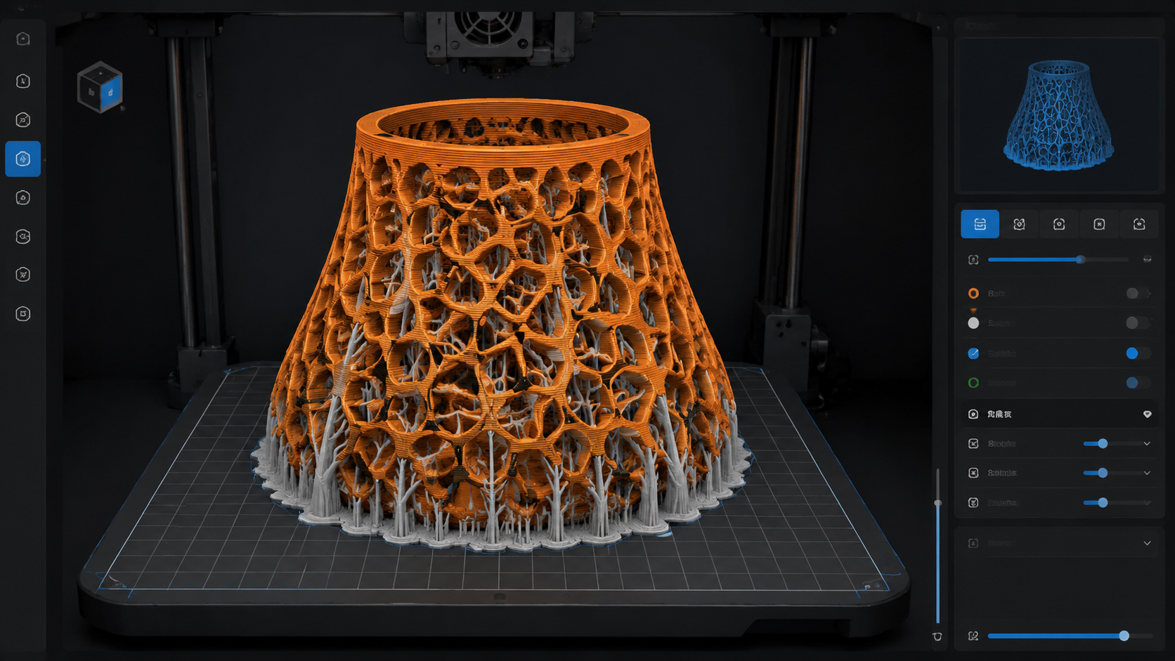3D slicer software UI showing the Voronoi lampshade ready for 3D printing with layer lines