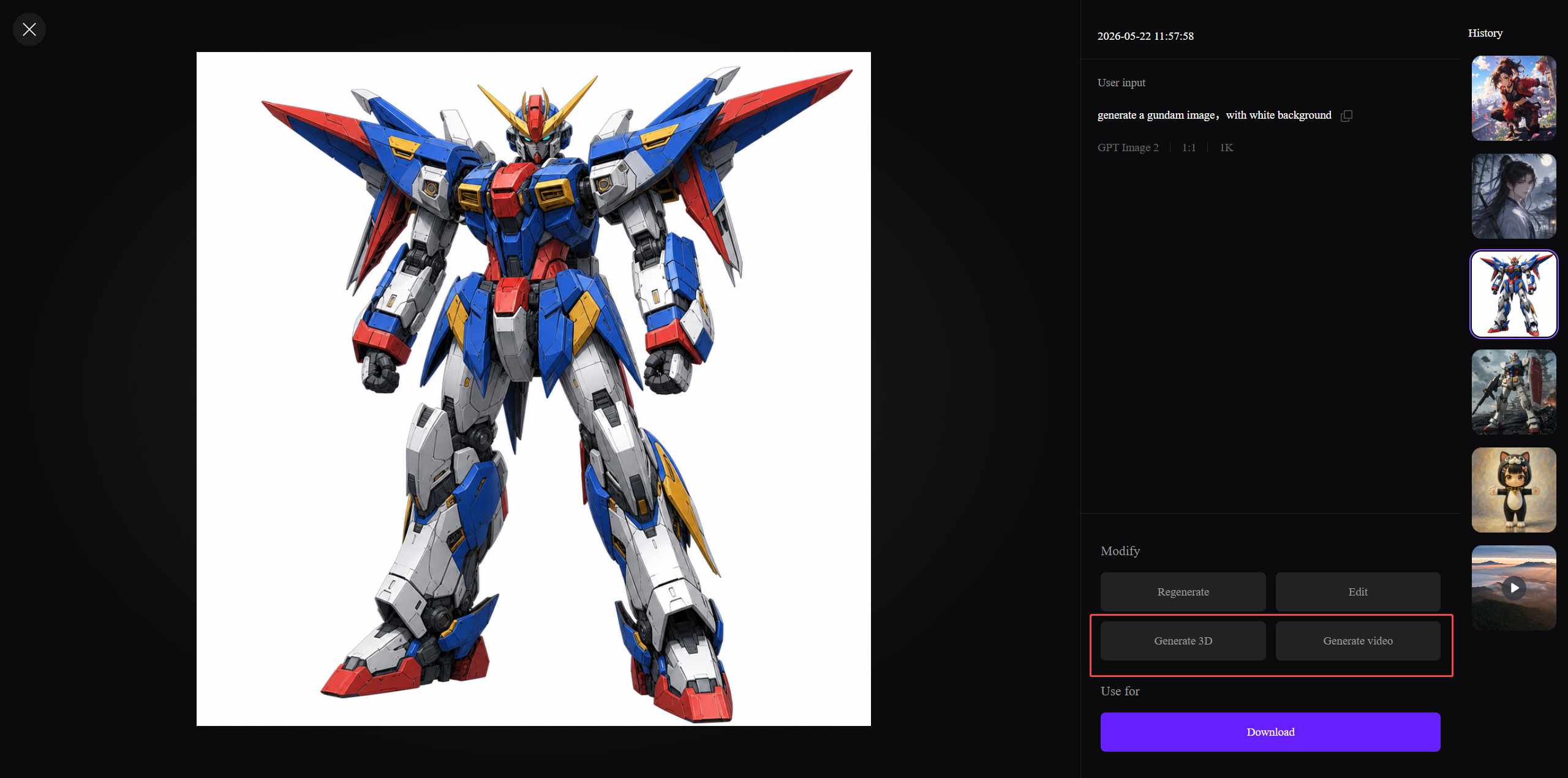 Converting generated 2D image to 3D model or AI video