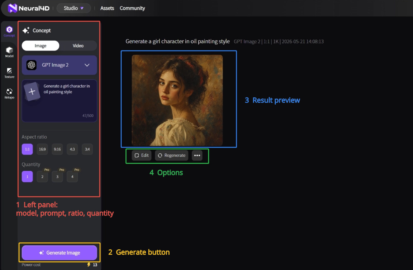 Neural4D Text to Image step-by-step generation workflow